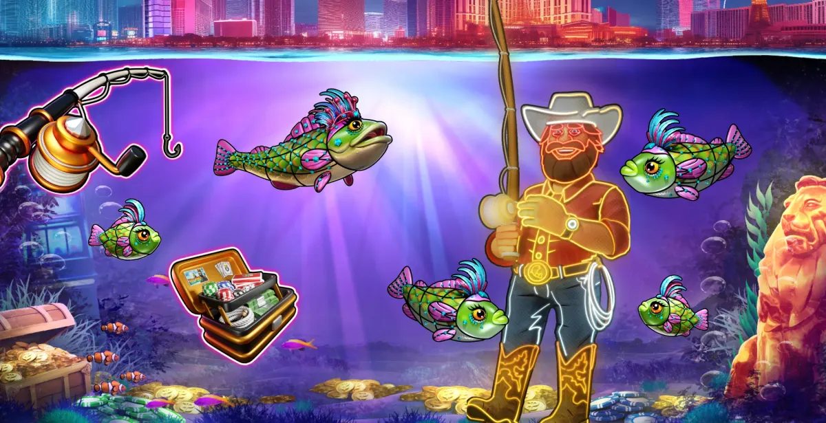 Big Bass Vegas Double Down Deluxe Uomo cowboy pesca in vibrante mondo sottomarino con pesci colorati
