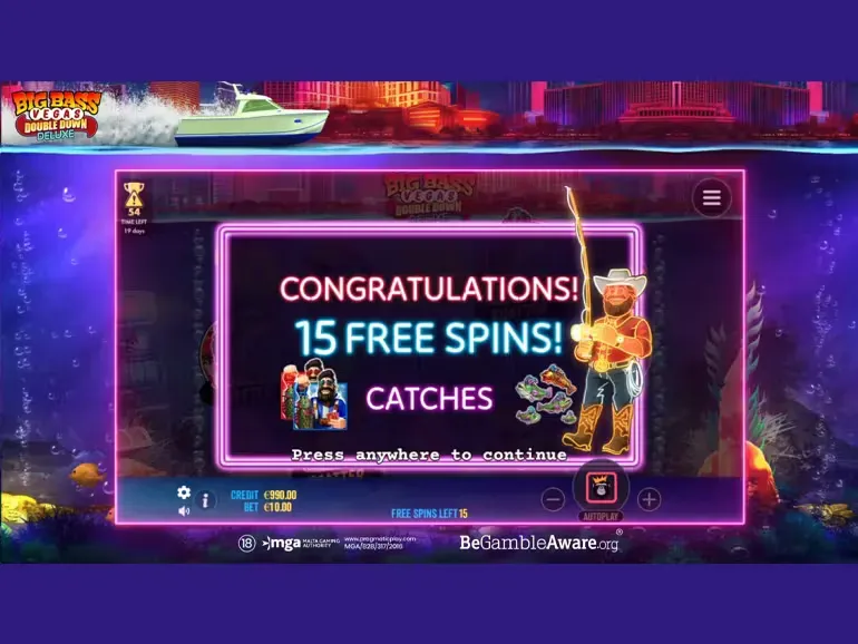 Big Bass Vegas Double Down Deluxe Congratulazioni 15 giri gratuiti bonus slot Big Bass Splash